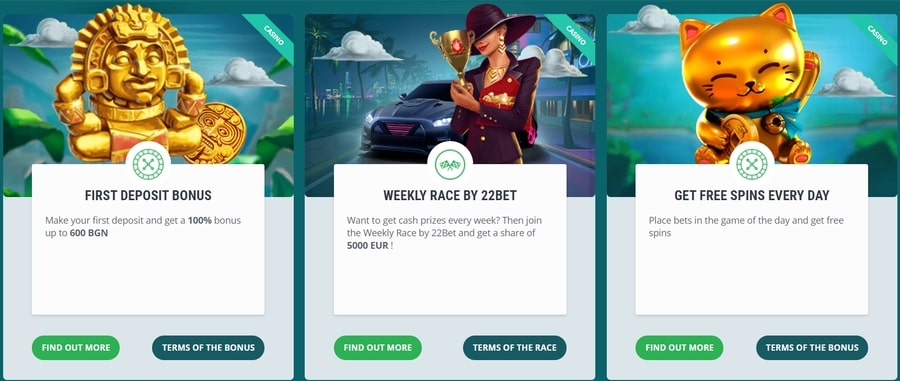 22bet Casino bonuses